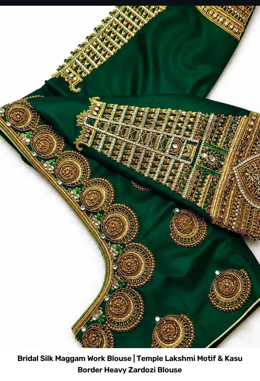 Bridal Silk Maggam Work Blouse | Temple Lakshmi Motif & Kasu Border Heavy Zardozi Blouse 2