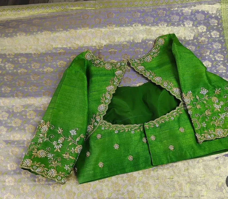 Bright Green Hand Embroidered Silk Saree Blouse – Scallop Cutout Back Neck Maggam Work Choli, Custom Bridal Party Wear Top
