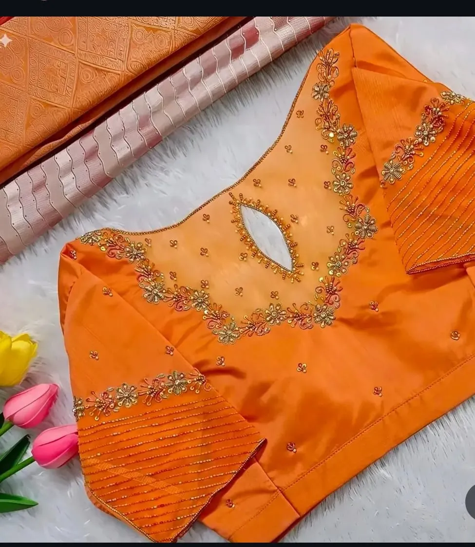Bright Orange Maggam Work Blouse | Silk Saree Blouse with Keyhole Back Neck & Pleated Sleeves