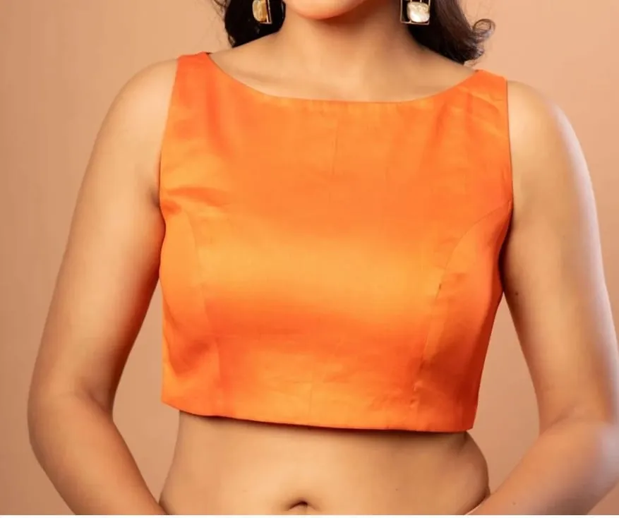 Bright Orange Raw Silk Sleeveless Saree Blouse – Elegant Boat Neck Back Hook Designer Crop Top 1