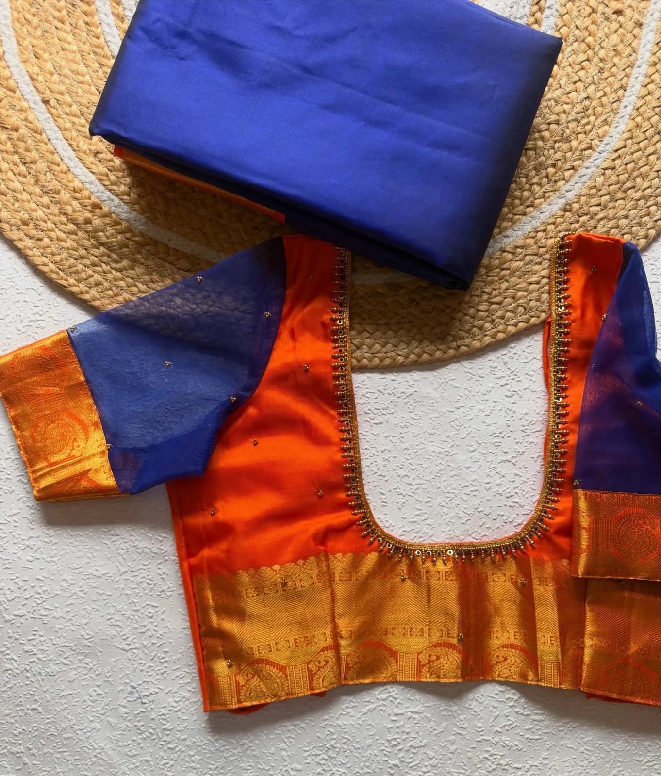 Bright Orange Silk Readymade Bridal Blouse with Royal Blue Sheer Organza Sleeves, Broad Zari Hem & Beaded U-Neck | Designer Saree Blouse