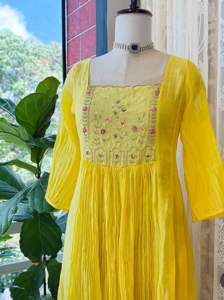 Bright Yellow Pintuck Chiffon Anarkali Dress – Hand Embroidered Floral Yoke Square Neck Haldi Gown