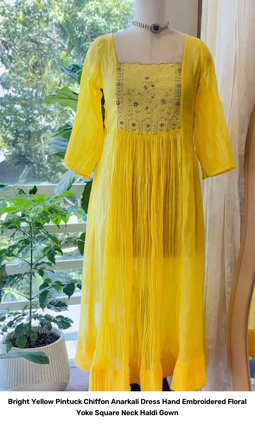 Bright Yellow Pintuck Chiffon Anarkali Dress – Hand Embroidered Floral Yoke Square Neck Haldi Gown 2