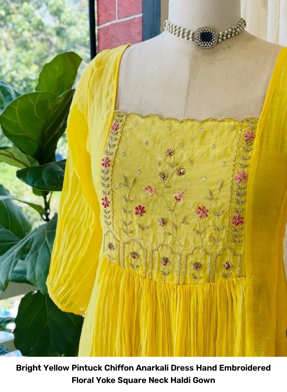 Bright Yellow Pintuck Chiffon Anarkali Dress – Hand Embroidered Floral Yoke Square Neck Haldi Gown 4