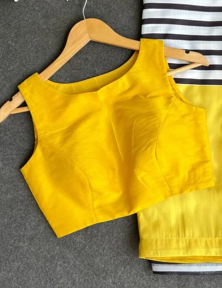 Bright Yellow Raw Silk Sleeveless Blouse - Bird on Wire Embroidered Boat Neck Saree Blouse