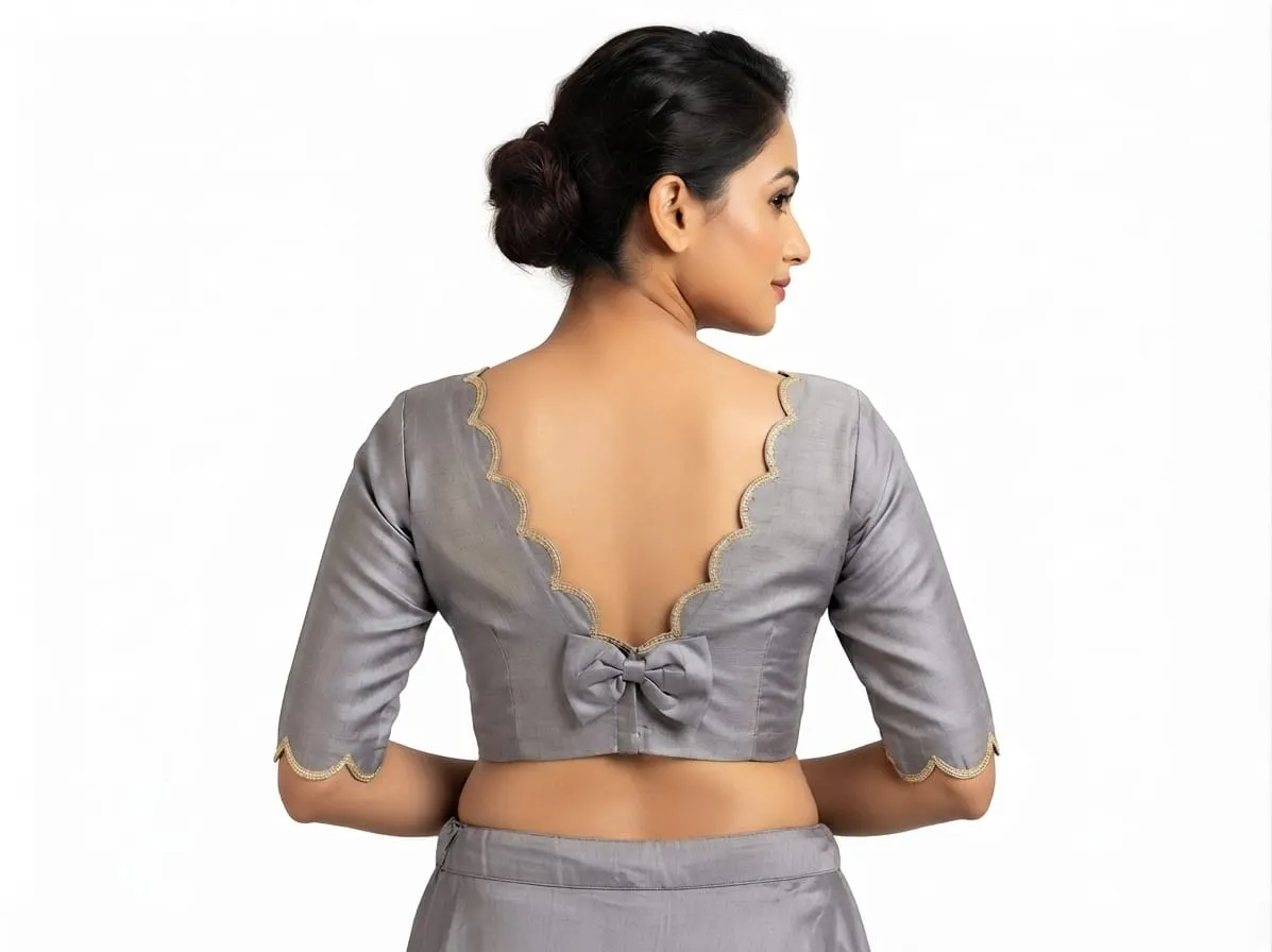 Buy Bulk Wholesale Readymade Silk Blouses with Scalloped Border and Bow Back