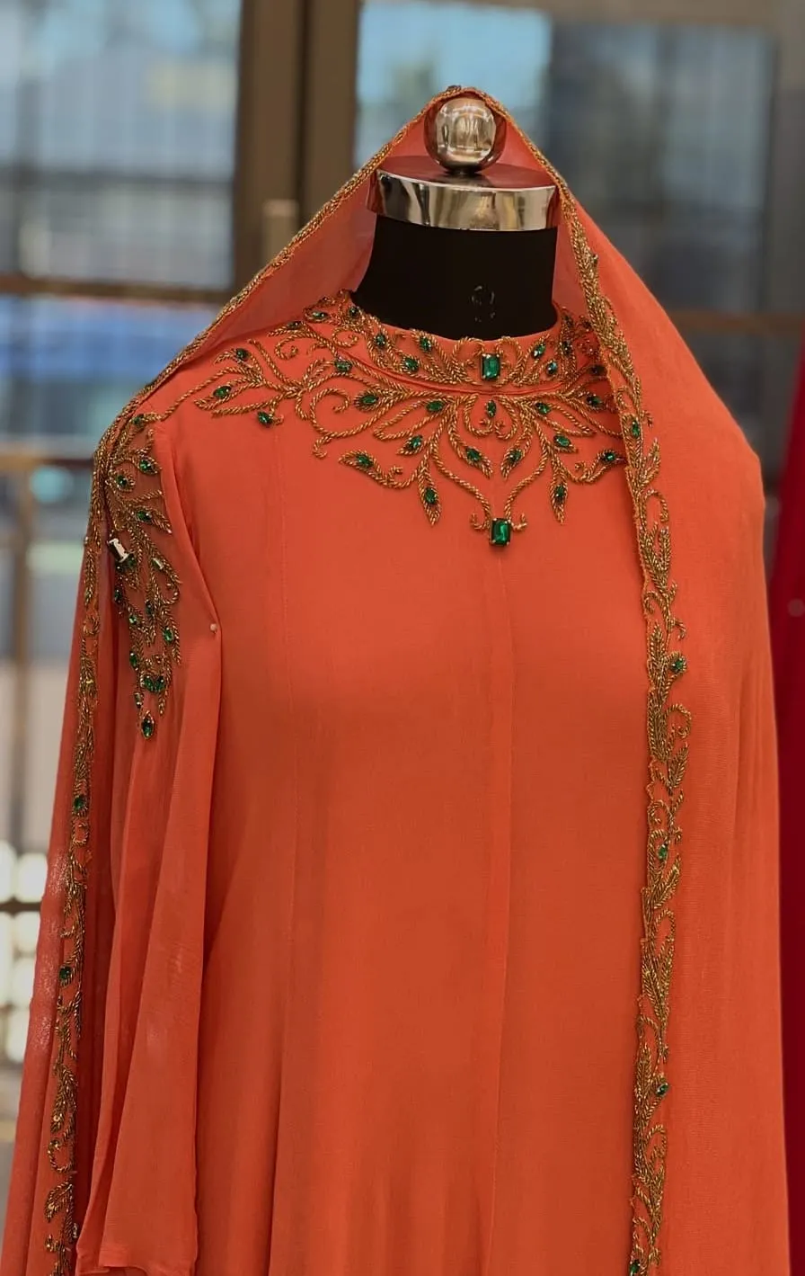Buy Luxury Peach/Coral Embroidered Gown & Party Wear Ethnic Dress 1