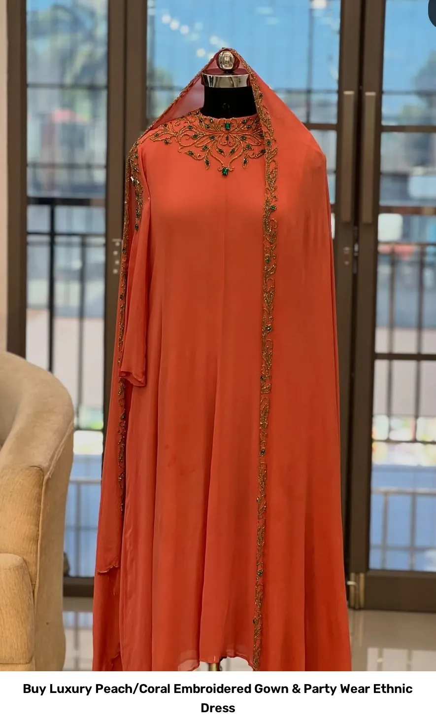 Buy Luxury Peach/Coral Embroidered Gown & Party Wear Ethnic Dress 2
