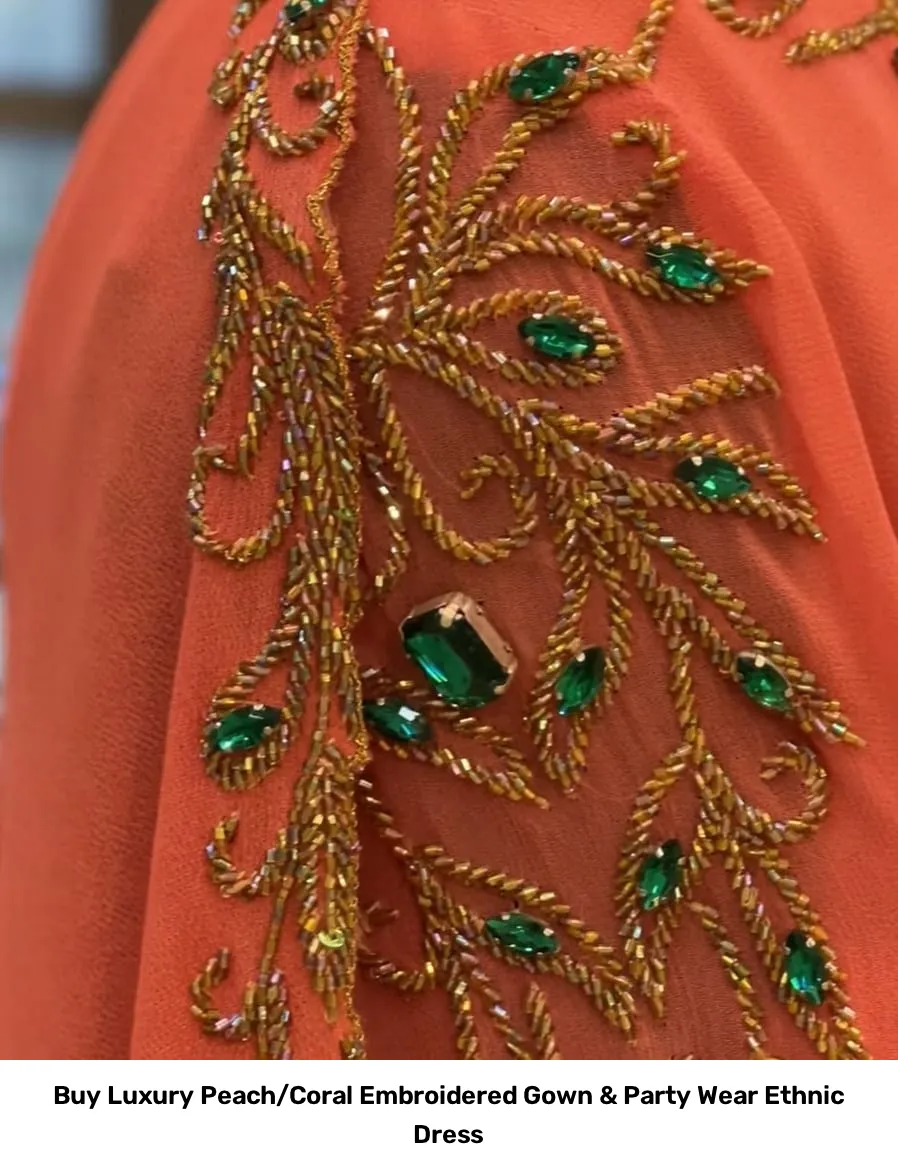 Buy Luxury Peach/Coral Embroidered Gown & Party Wear Ethnic Dress 3