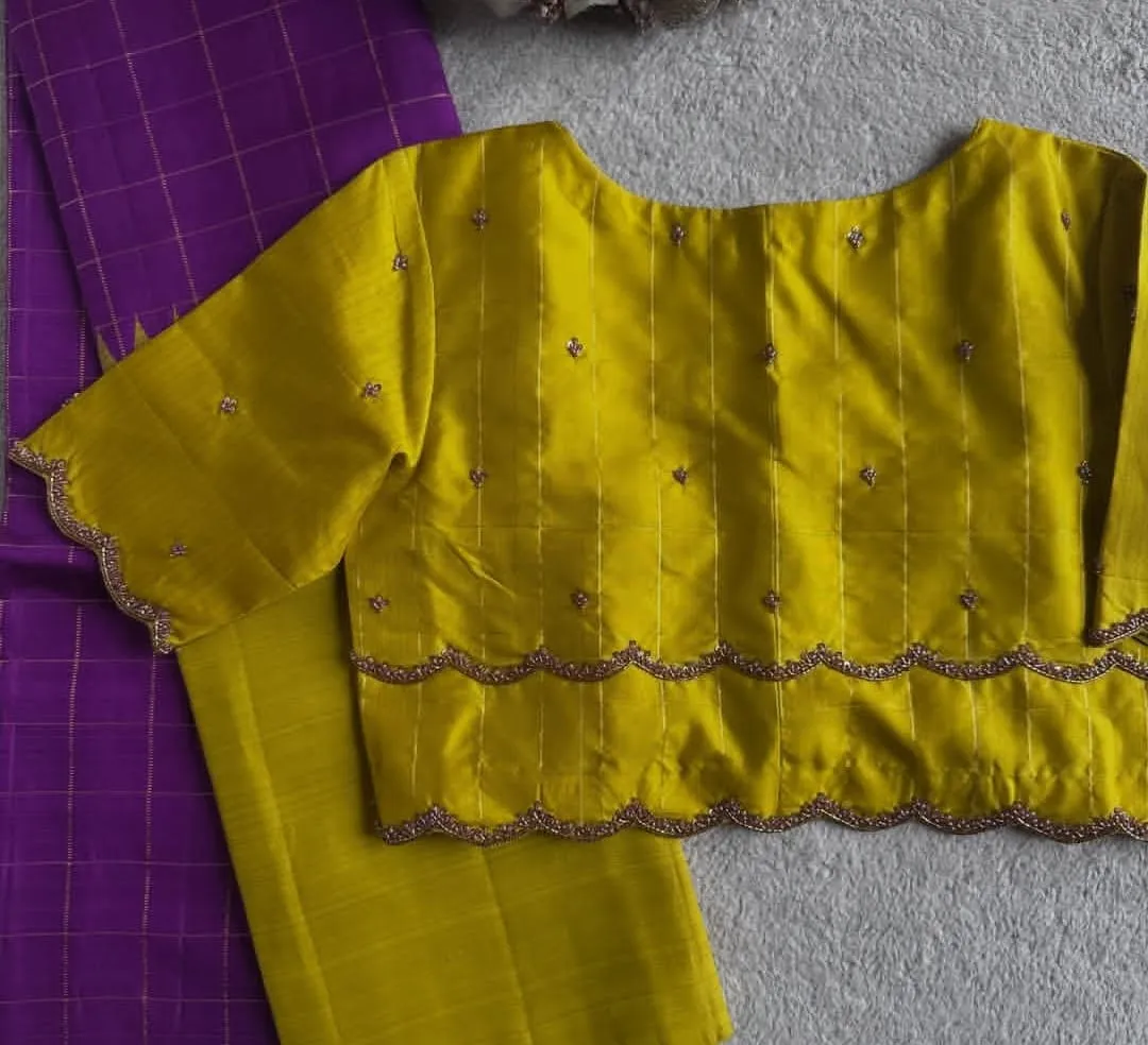 Buy Mustard Yellow Silk Saree Blouse | Scallop Work Designer Blouse