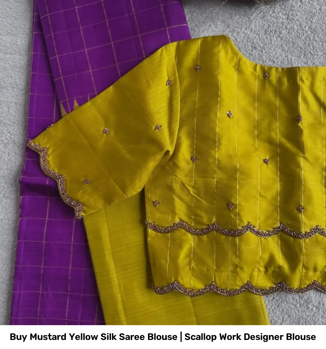 Buy Mustard Yellow Silk Saree Blouse | Scallop Work Designer Blouse 2