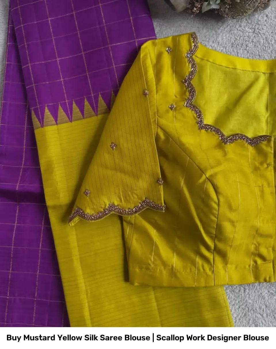 Buy Mustard Yellow Silk Saree Blouse | Scallop Work Designer Blouse 3