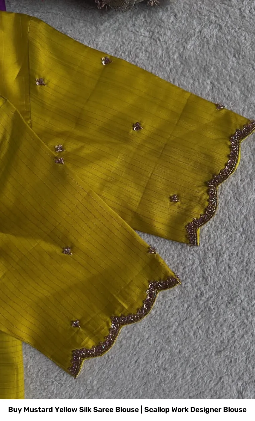 Buy Mustard Yellow Silk Saree Blouse | Scallop Work Designer Blouse 4