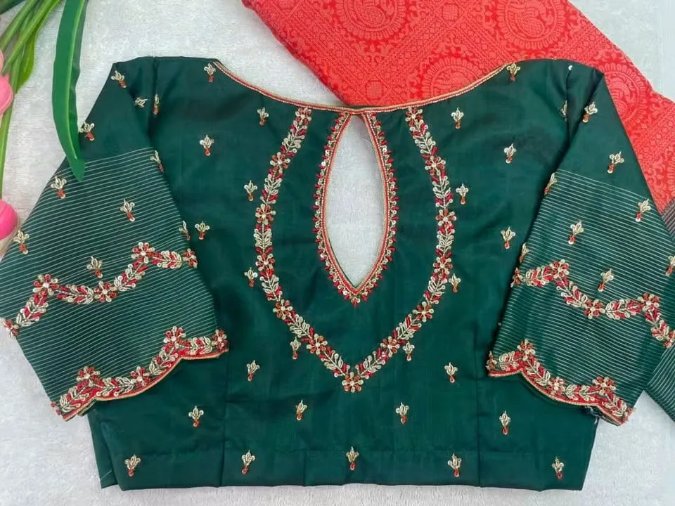 Wholesale Silk Blouses - Hand-Embroidered Bottle Green Aari Work Blouse 1