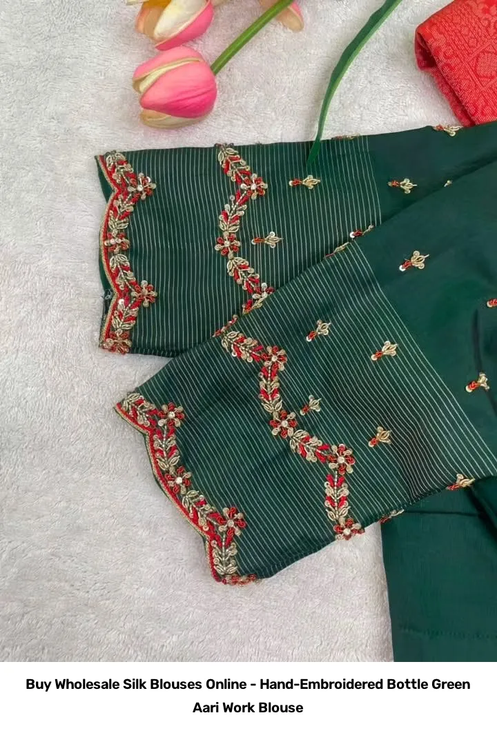 Wholesale Silk Blouses - Hand-Embroidered Bottle Green Aari Work Blouse 2