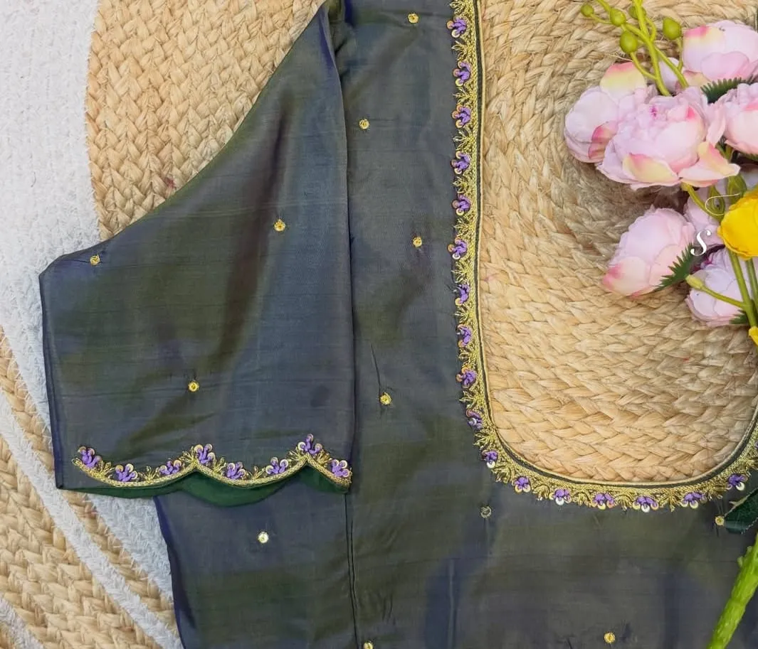 Charcoal Grey Silk Designer Blouse with Scalloped Neck & Hand Embroidery | Readymade Blouses 1