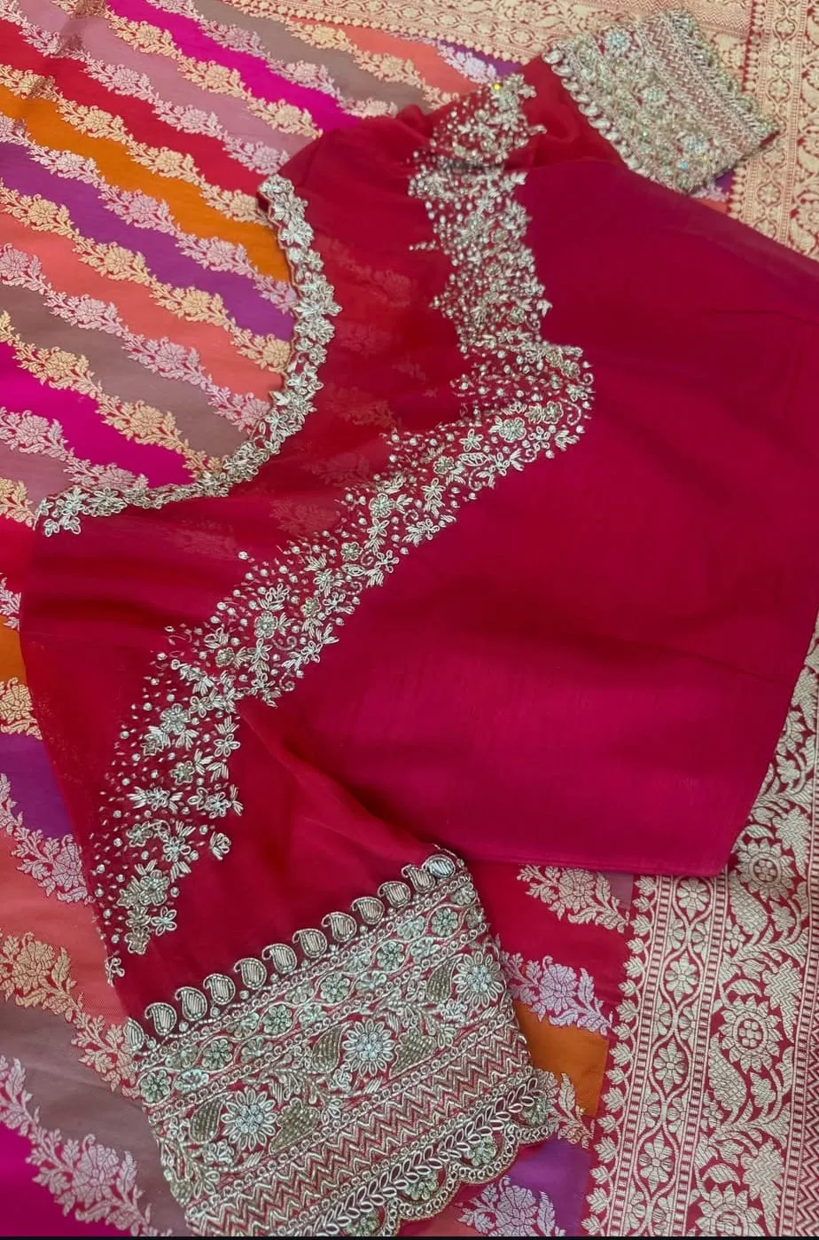 Cherry Red Designer Wedding Saree Blouse | Hand Embroidered Silver Zari Elbow Sleeves