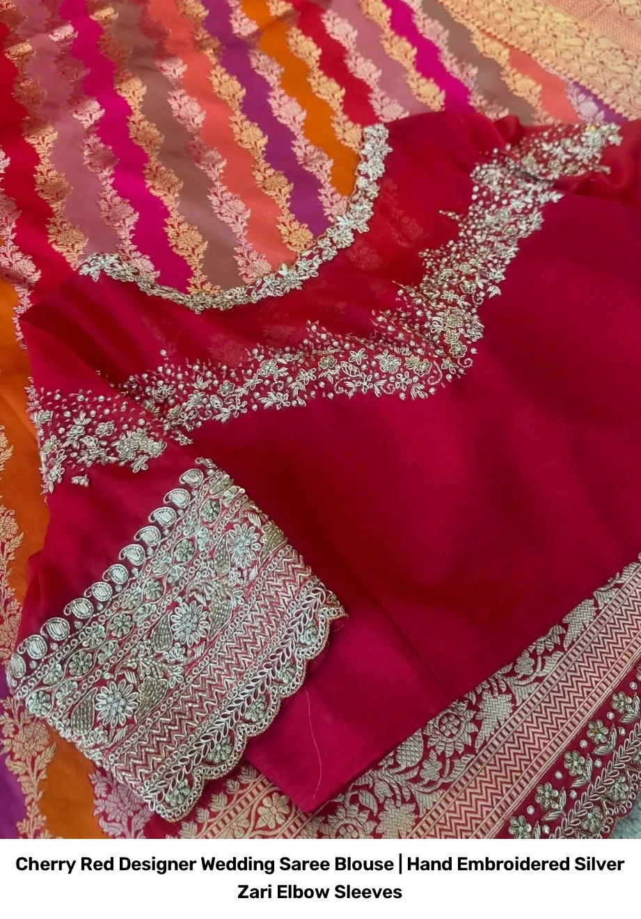 Cherry Red Designer Wedding Saree Blouse | Hand Embroidered Silver Zari Elbow Sleeves 2