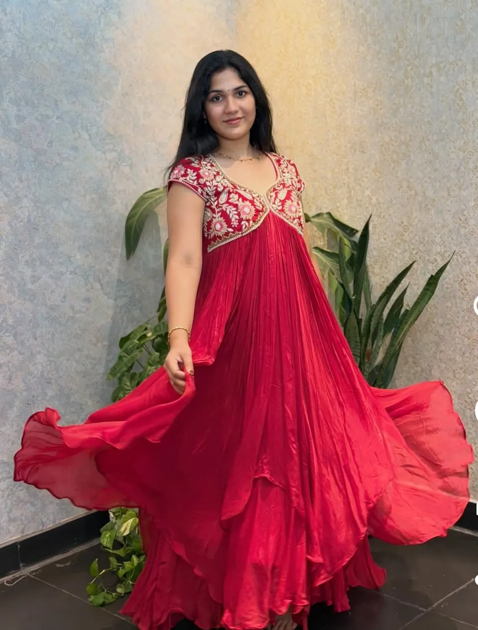 Cherry Red Embroidered Georgette Anarkali Gown | Flared Festive Maxi Dress with Zari Bodice Work
