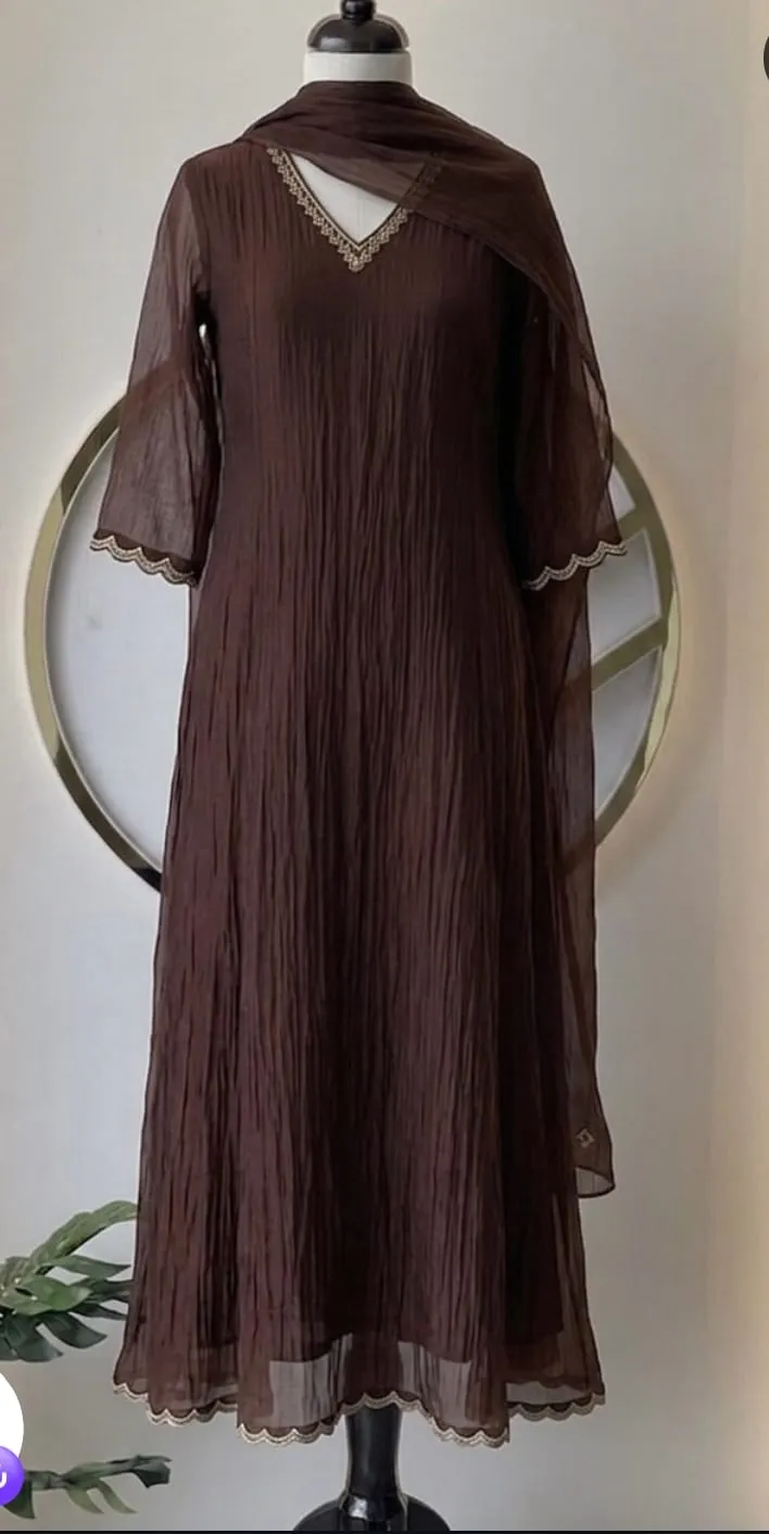 Chocolate Brown Crinkled Chiffon Anarkali Suit Set with Embroidered Scallop Borders & Matching Dupatta | Minimalist Festive Kurta Set 1