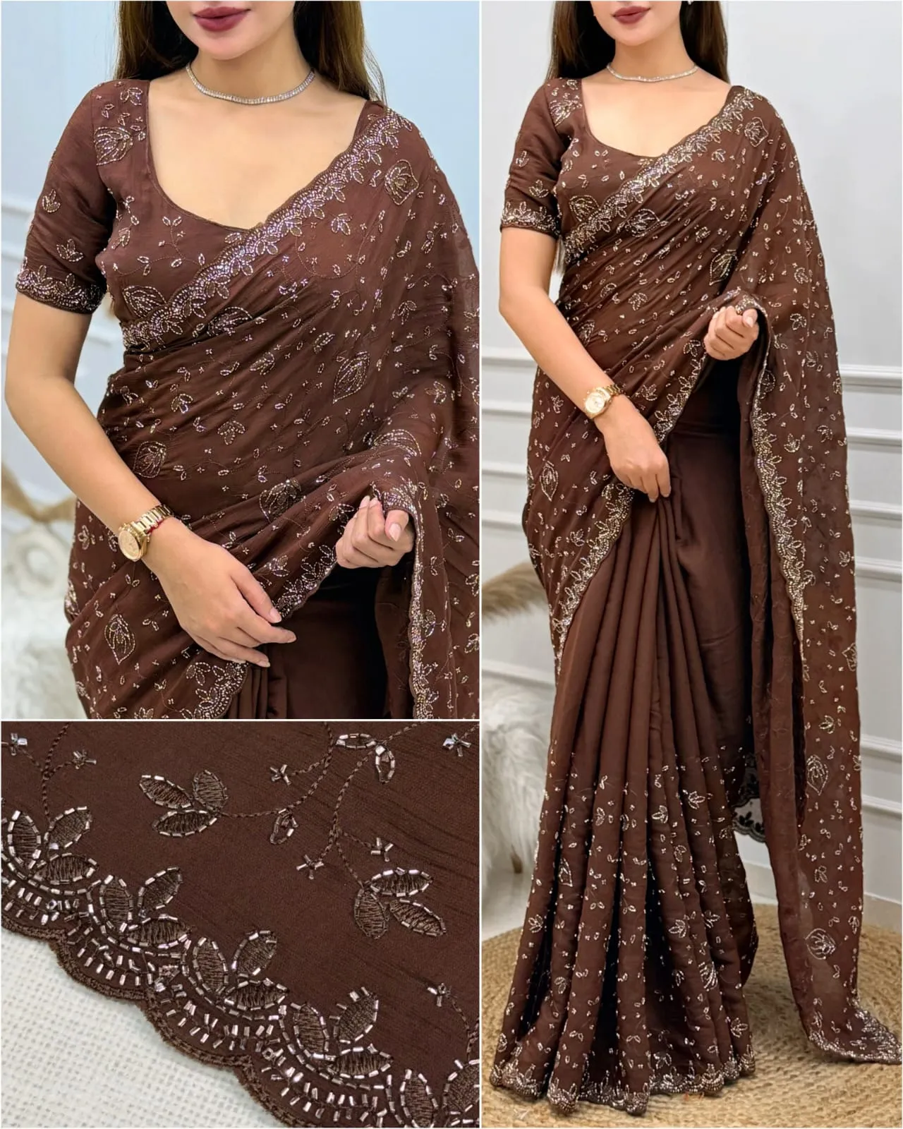 Chocolate Brown Fendy Satin Saree with Beads & Sequins Embroidery | Designer Scalloped Cutwork Border Party Wear Saree with Heavy Blouse