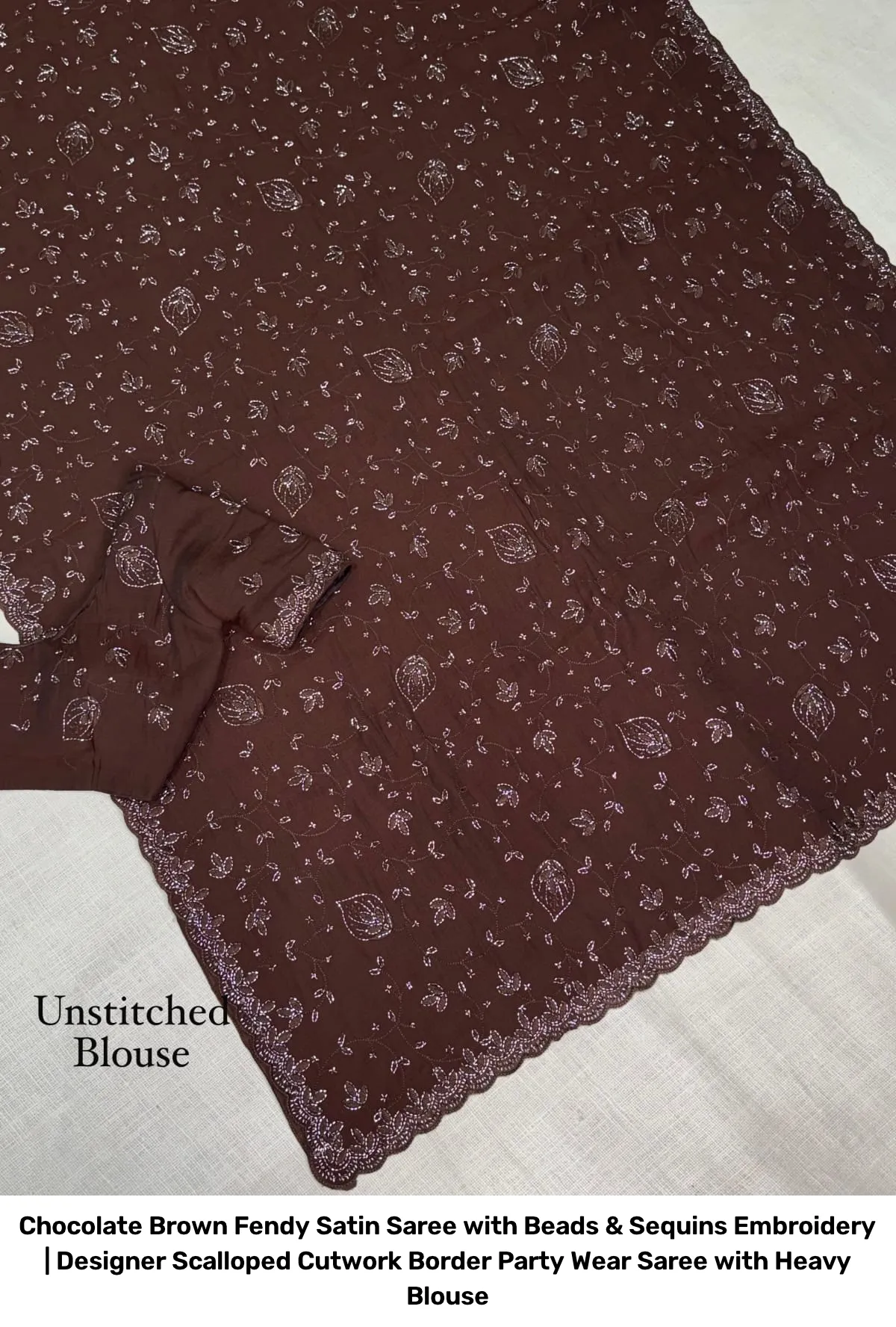Chocolate Brown Fendy Satin Saree with Beads & Sequins Embroidery | Designer Scalloped Cutwork Border Party Wear Saree with Heavy Blouse 3