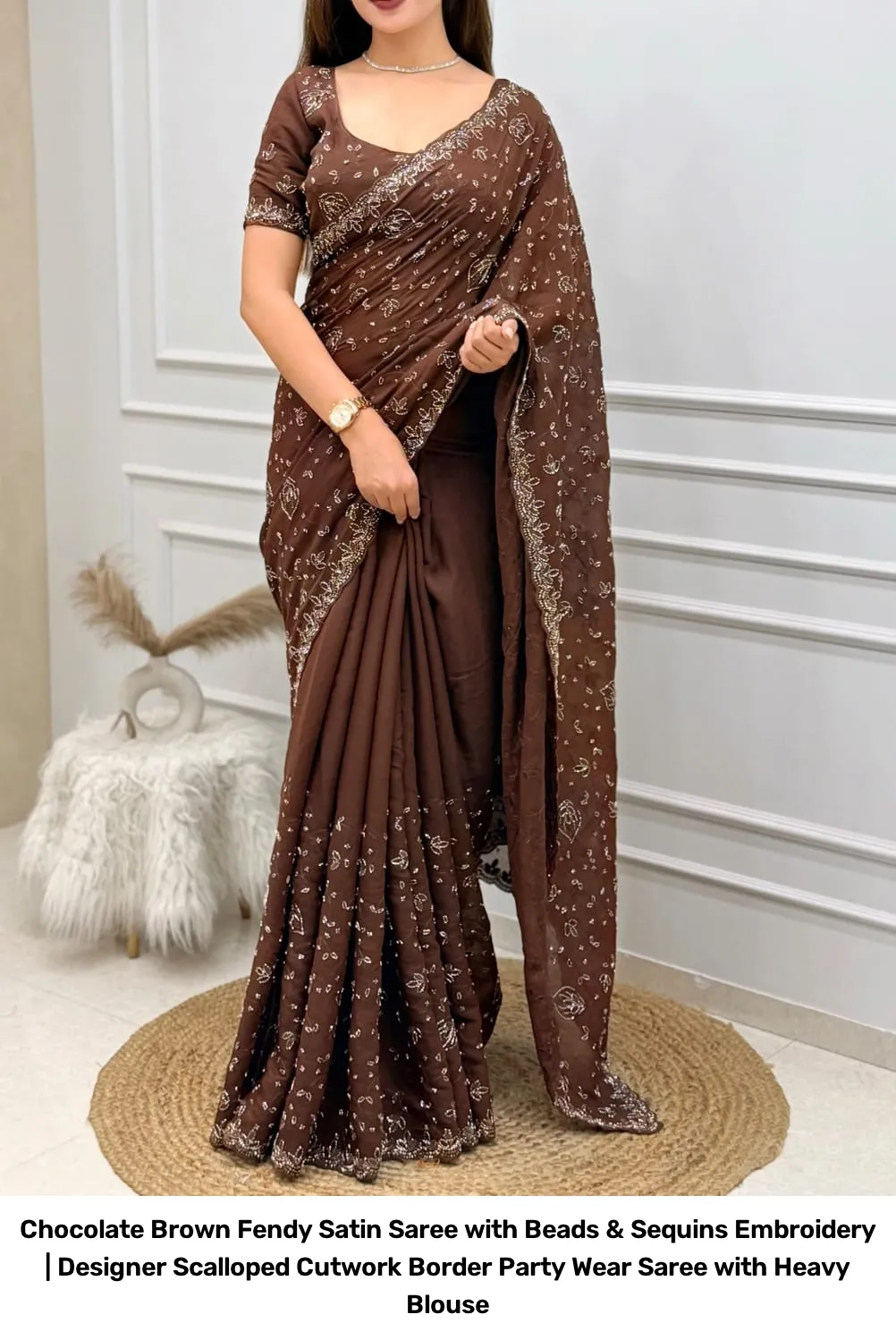 Chocolate Brown Fendy Satin Saree with Beads & Sequins Embroidery | Designer Scalloped Cutwork Border Party Wear Saree with Heavy Blouse 4