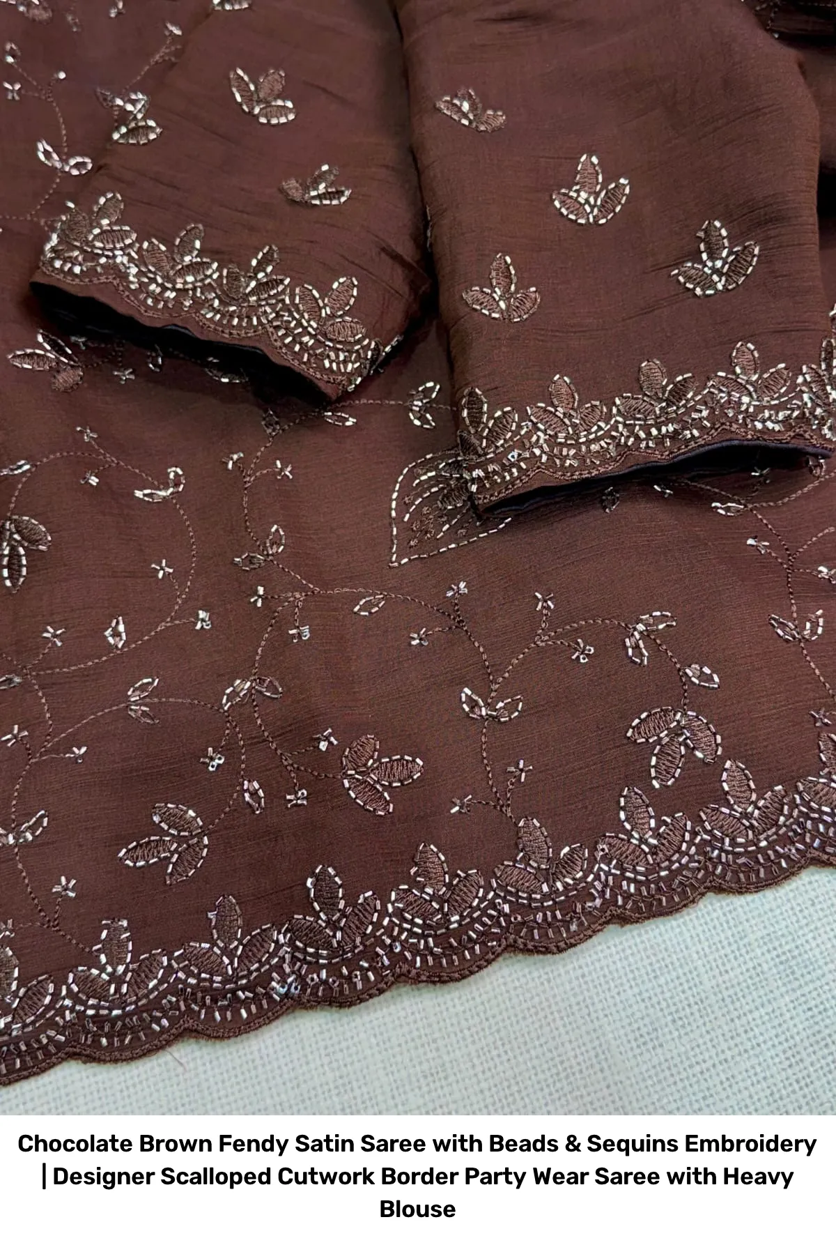 Chocolate Brown Fendy Satin Saree with Beads & Sequins Embroidery | Designer Scalloped Cutwork Border Party Wear Saree with Heavy Blouse 5