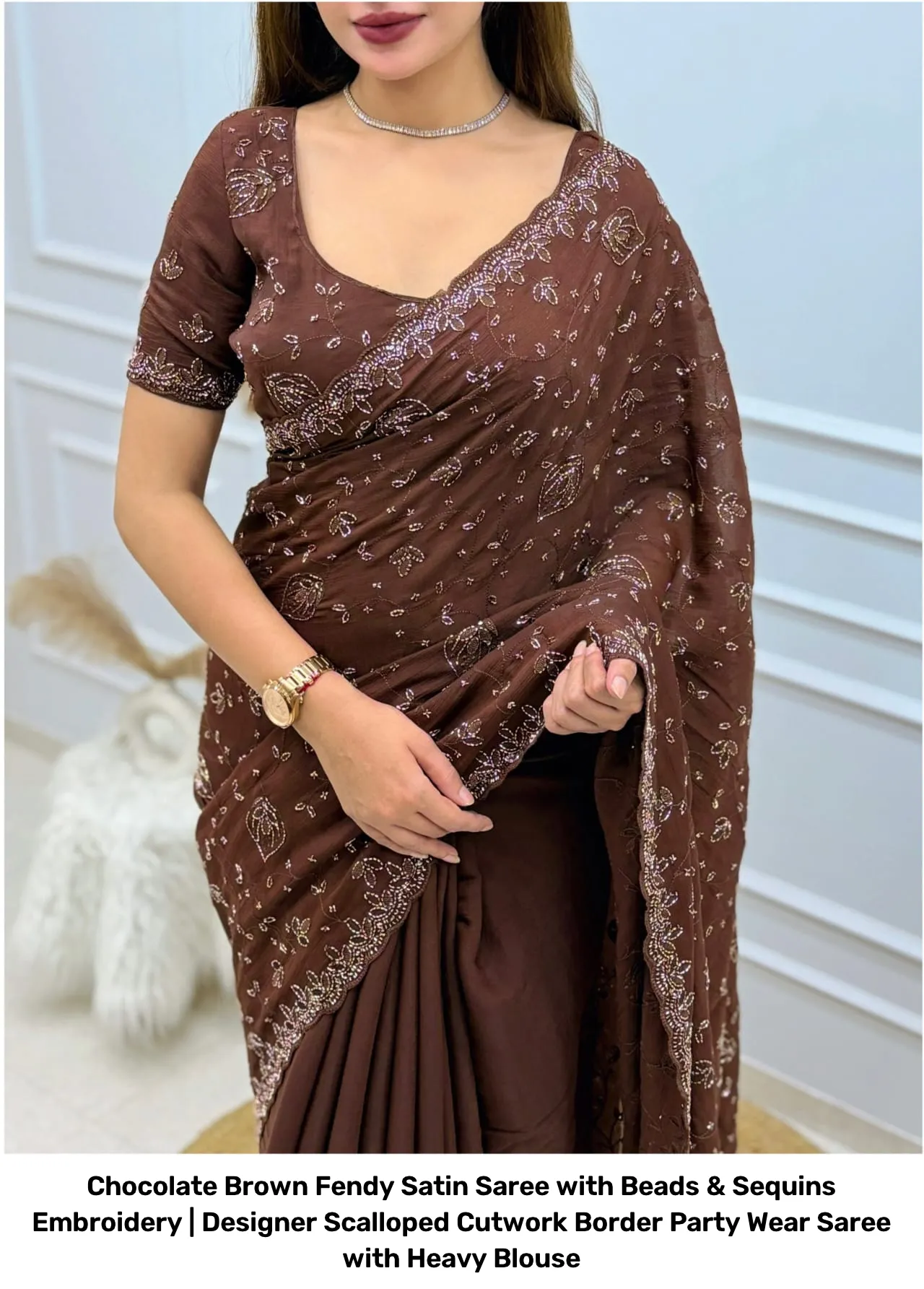 Chocolate Brown Fendy Satin Saree with Beads & Sequins Embroidery | Designer Scalloped Cutwork Border Party Wear Saree with Heavy Blouse 6