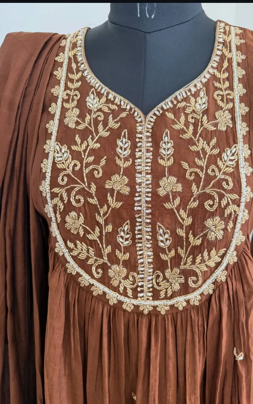 Chocolate Brown Flared Chanderi Silk Suit Set with Pearl & Zari Hand Embroidery
