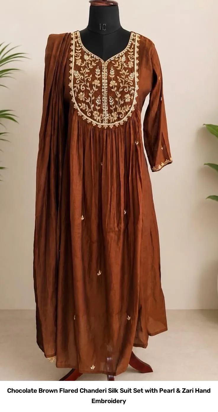 Chocolate Brown Flared Chanderi Silk Suit Set with Pearl & Zari Hand Embroidery 2