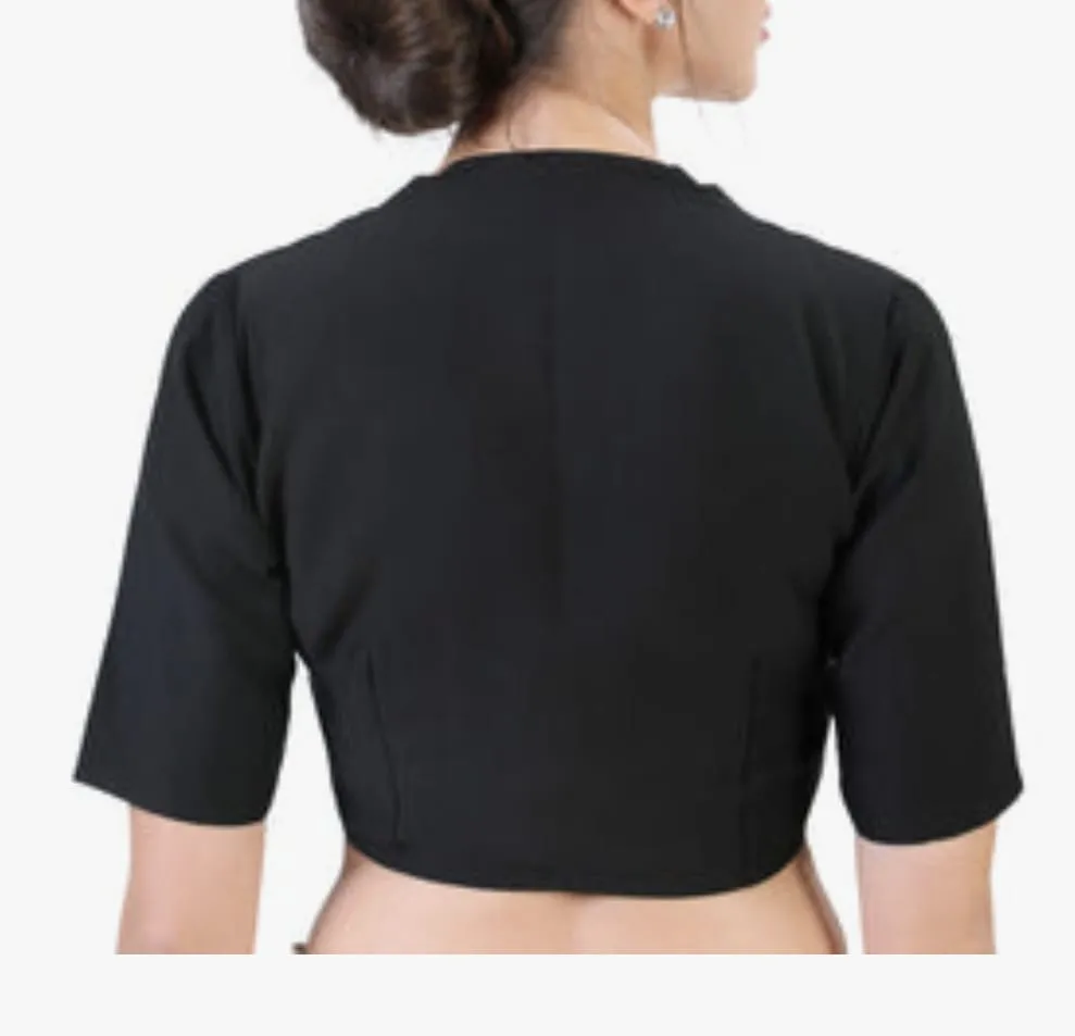 Classic Black Cotton Silk Saree Blouse | Princess Cut Readymade Blouse with Elbow Sleeves & Modest High Back