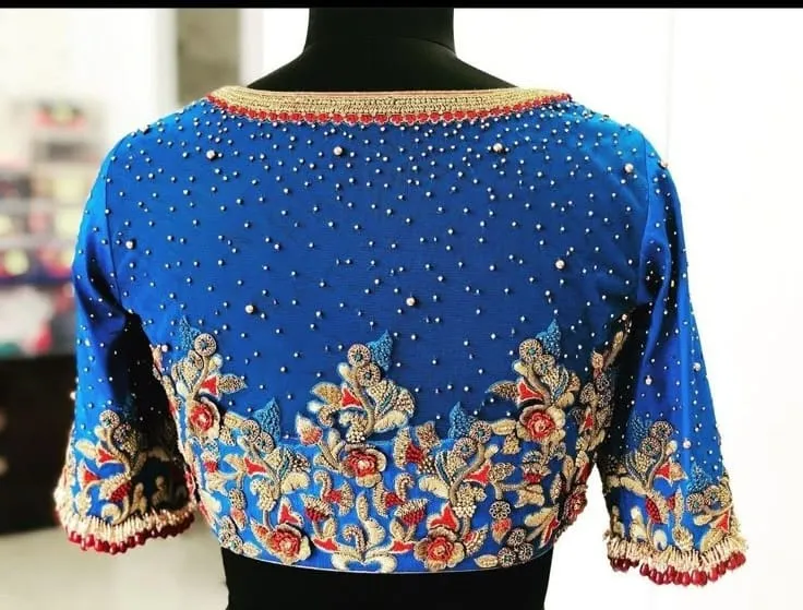 Cobalt Blue Bridal Silk Blouse | Handcrafted Zardozi Floral Border with Bead Tassels