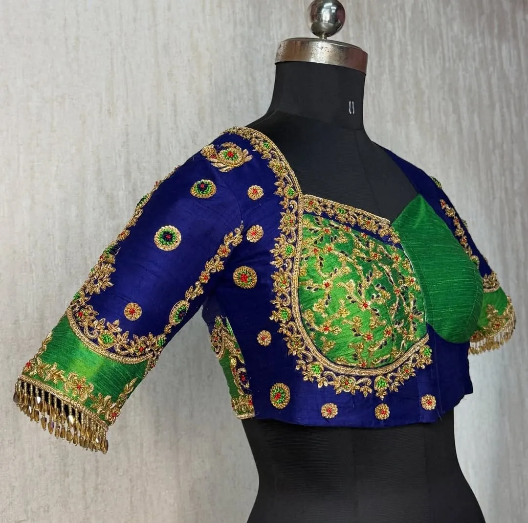 Contrast Royal Blue Green Silk Saree Blouse – Handcrafted Bridal Aari Embroidery Choli, Peacock Motif Back Neck with Tassel Sleeves