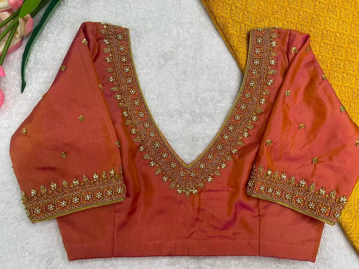 Coral Orange Designer Maggam Work Blouse | Deep V-Neck & Hand-Embroidered Saree Blouse 1
