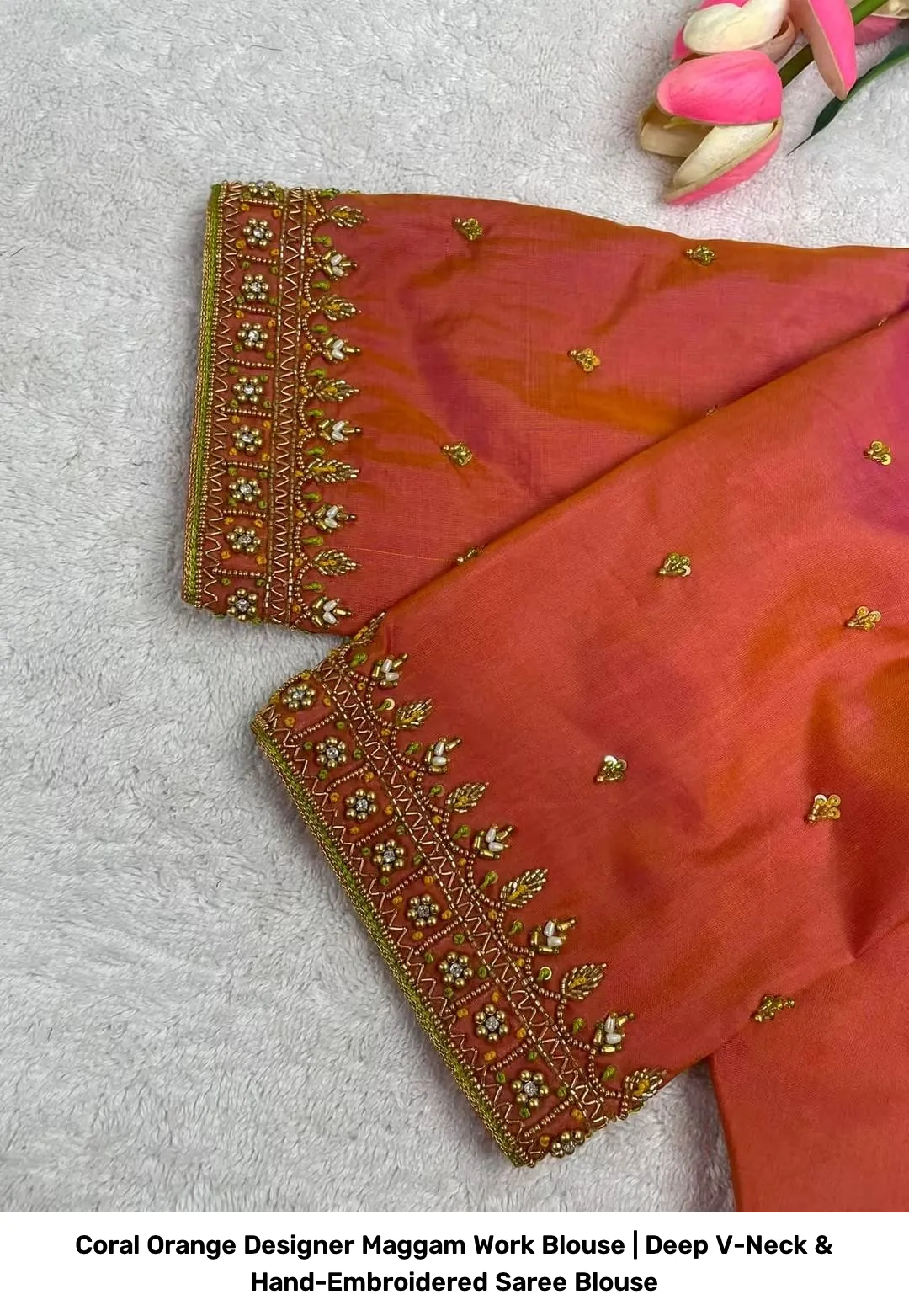 Coral Orange Designer Maggam Work Blouse | Deep V-Neck & Hand-Embroidered Saree Blouse 2