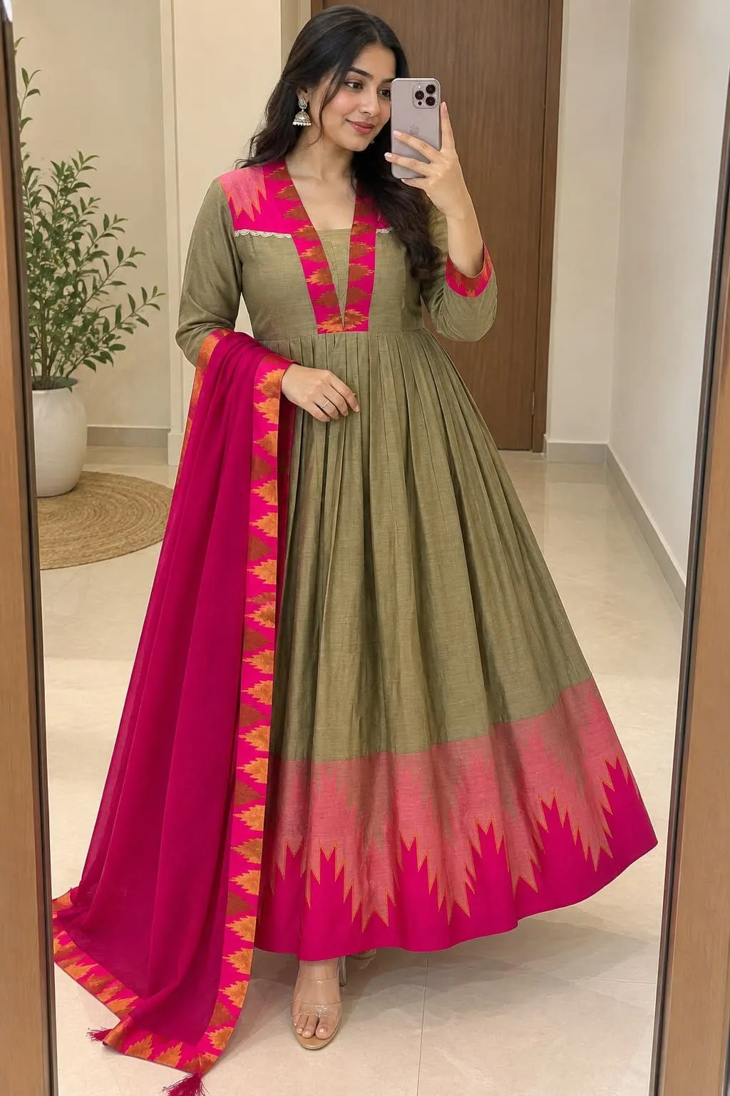 Cotton Spun Silk Festive Anarkali Suit Set with Rangoli Silk Dupatta