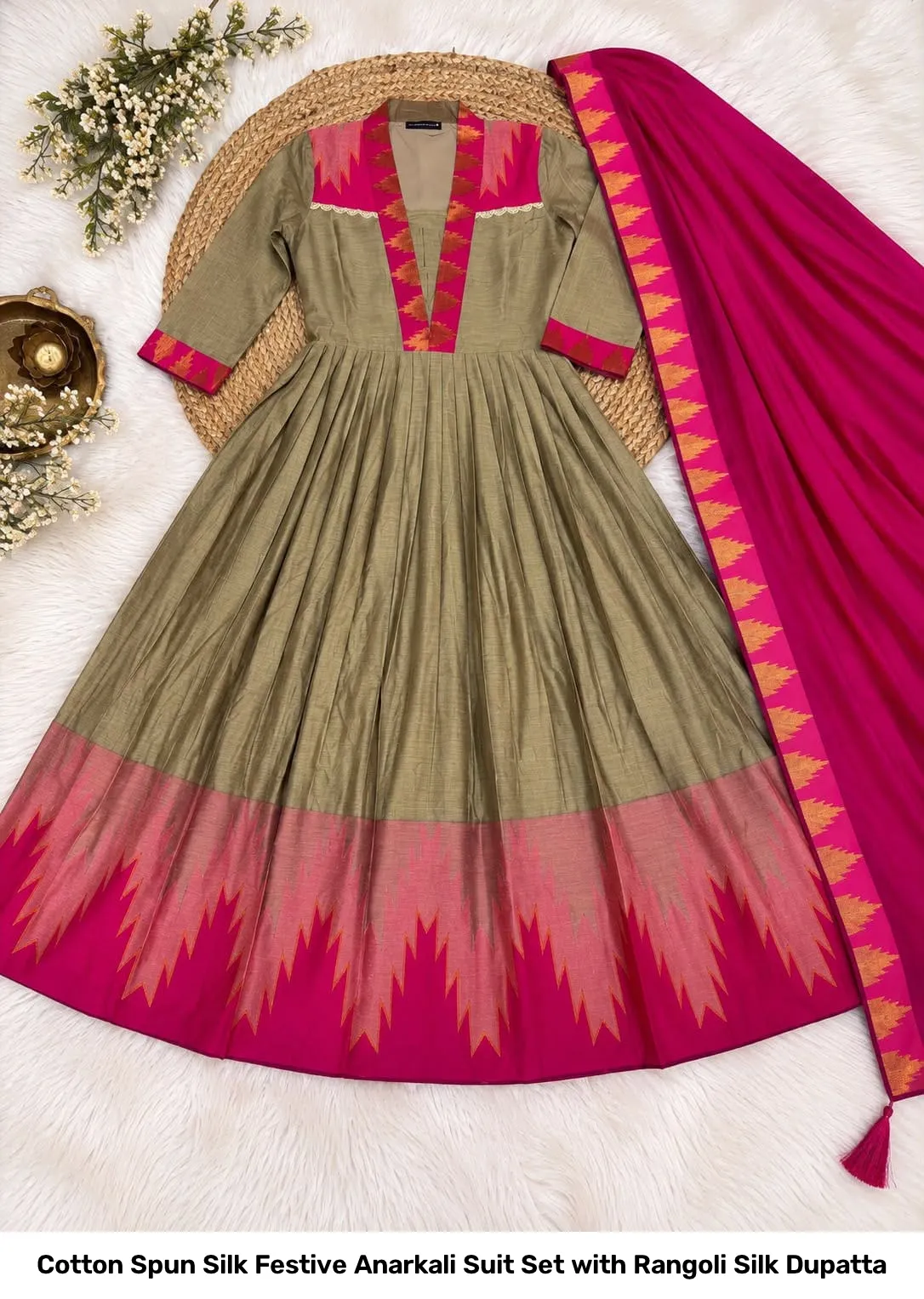 Cotton Spun Silk Festive Anarkali Suit Set with Rangoli Silk Dupatta 2