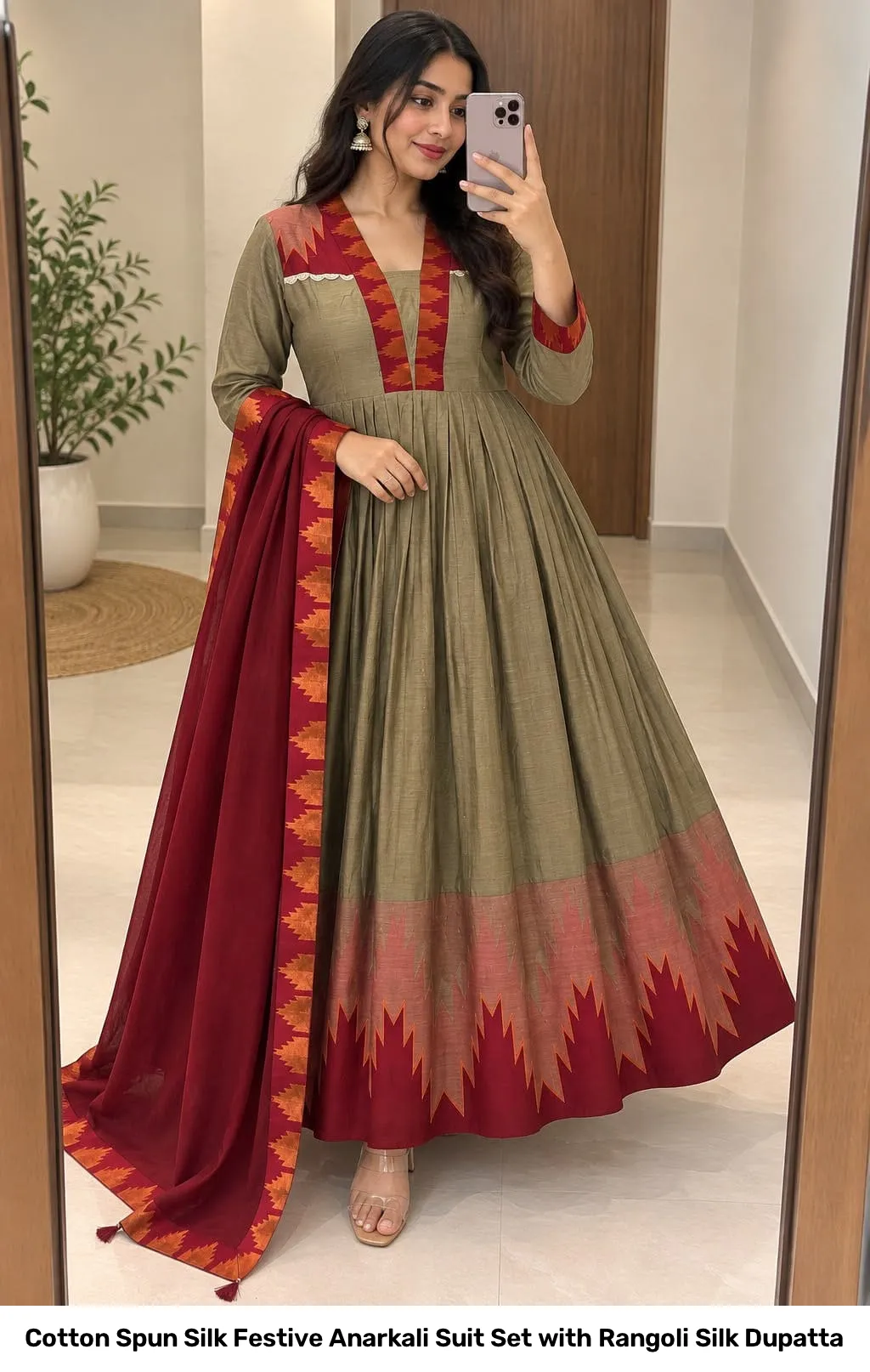 Cotton Spun Silk Festive Anarkali Suit Set with Rangoli Silk Dupatta 4