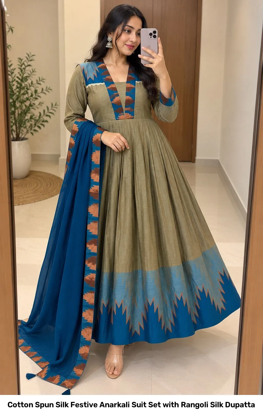 Cotton Spun Silk Festive Anarkali Suit Set with Rangoli Silk Dupatta 5