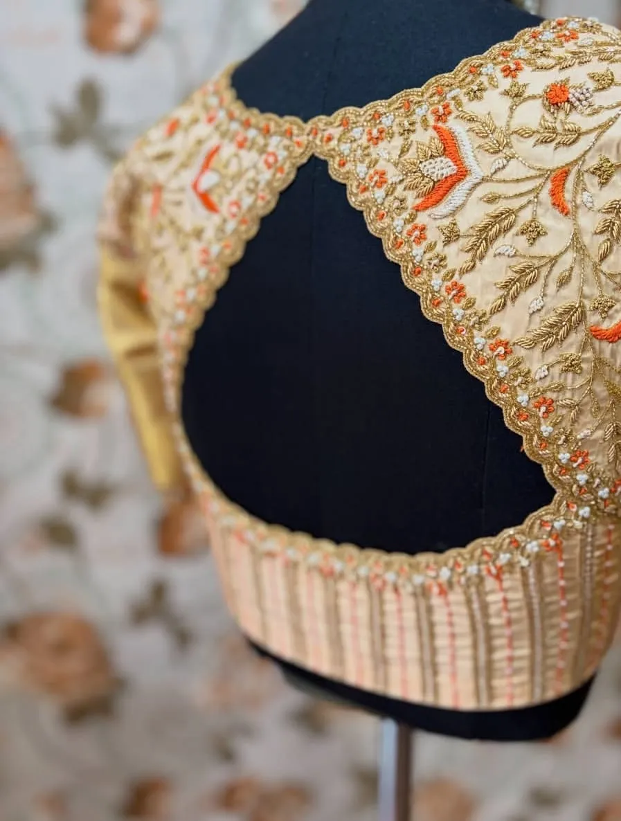 Cream Gold Silk Bridal Blouse | Handcrafted Zardosi Floral Aari Embroidery with Cutwork Cutout Back | Heavy Maggam Work Blouse