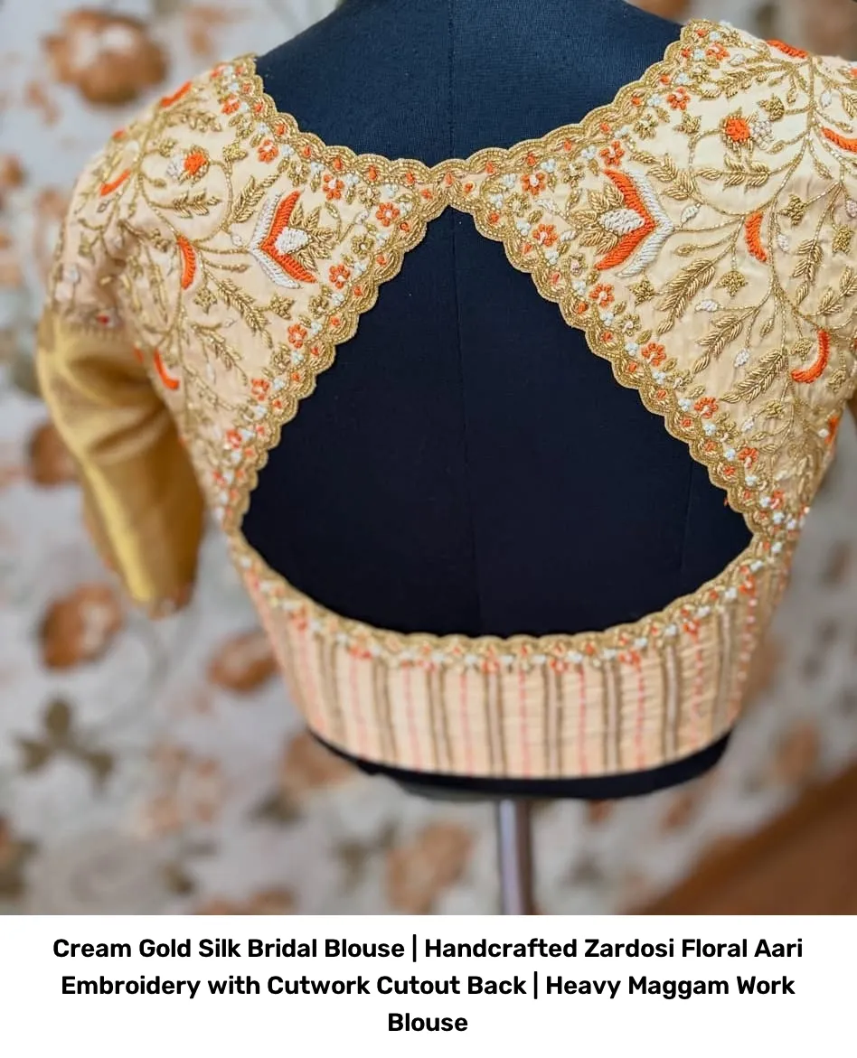 Cream Gold Silk Bridal Blouse | Handcrafted Zardosi Floral Aari Embroidery with Cutwork Cutout Back | Heavy Maggam Work Blouse 2