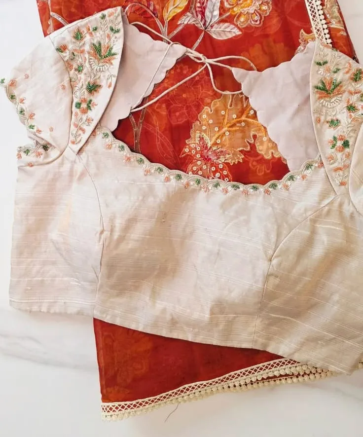 Cream Raw Silk Blouse | Delicate Floral Thread & Bead Embroidered Petal Sleeve Saree Blouse
