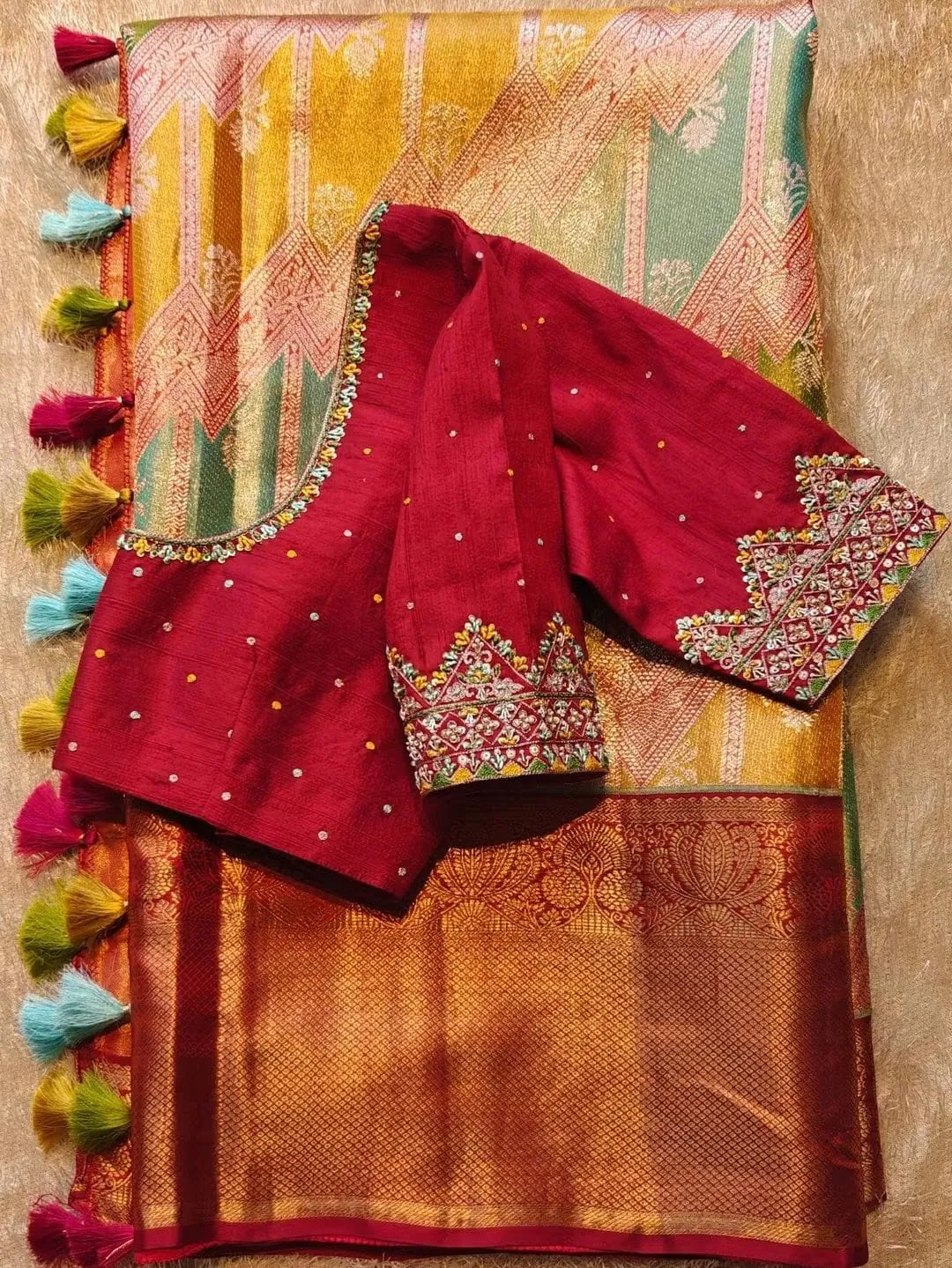 Crimson Red Designer Maggam Work Blouse | Scalloped Border & Stone Booti Saree Blouse