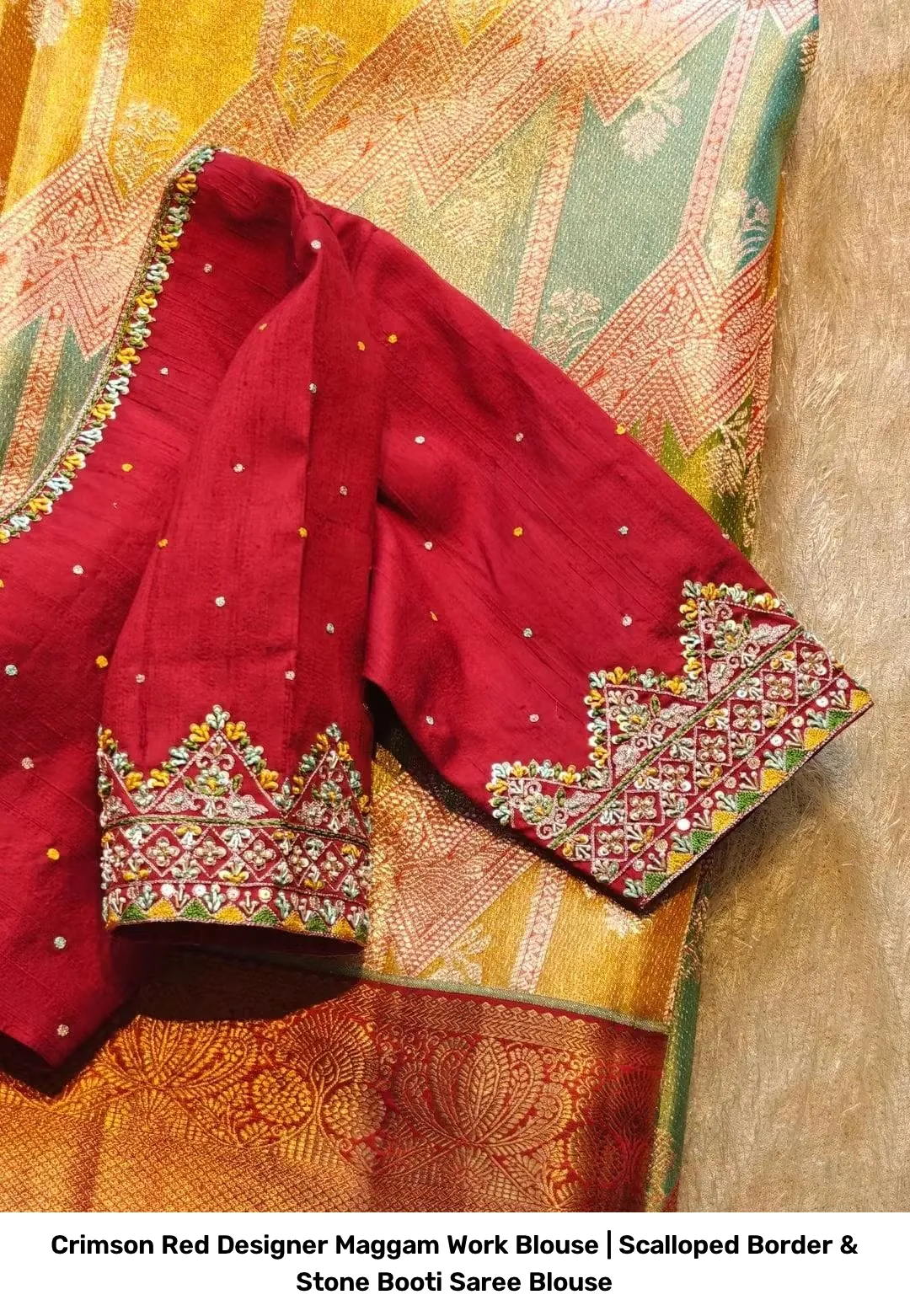 Crimson Red Designer Maggam Work Blouse | Scalloped Border & Stone Booti Saree Blouse 2