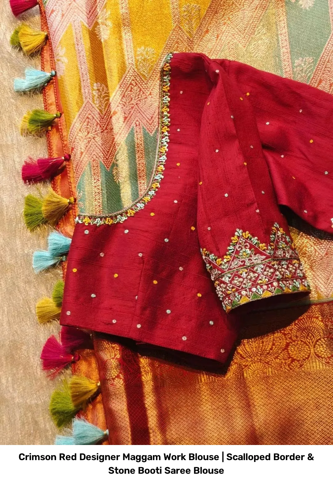 Crimson Red Designer Maggam Work Blouse | Scalloped Border & Stone Booti Saree Blouse 3