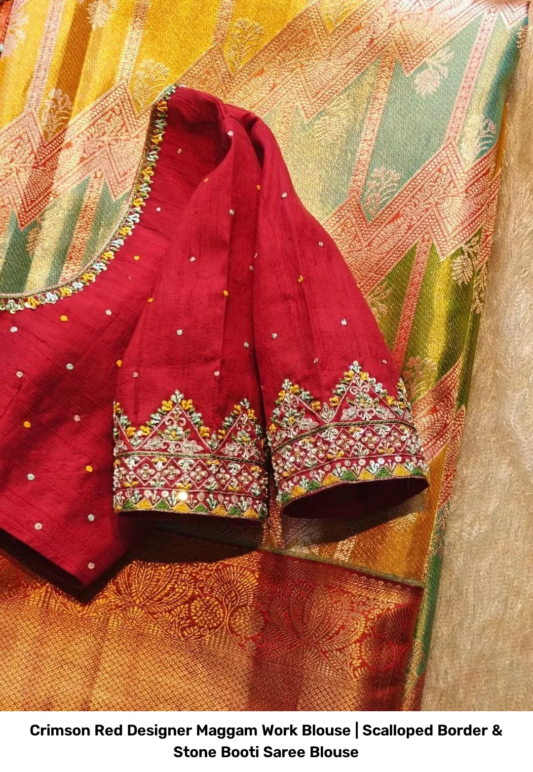 Crimson Red Designer Maggam Work Blouse | Scalloped Border & Stone Booti Saree Blouse 4