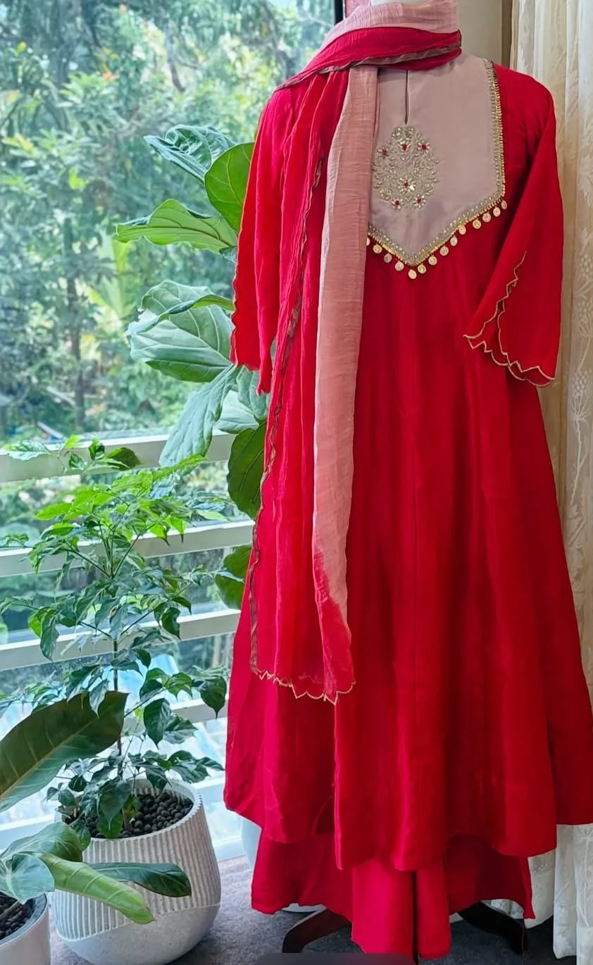 Crimson Red Flared Anarkali Suit Set – Blush Pink Contrast Embroidered Yoke with Coin Lace Latkan & Scalloped Dupatta