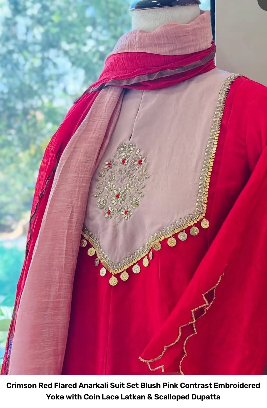 Crimson Red Flared Anarkali Suit Set – Blush Pink Contrast Embroidered Yoke with Coin Lace Latkan & Scalloped Dupatta 2