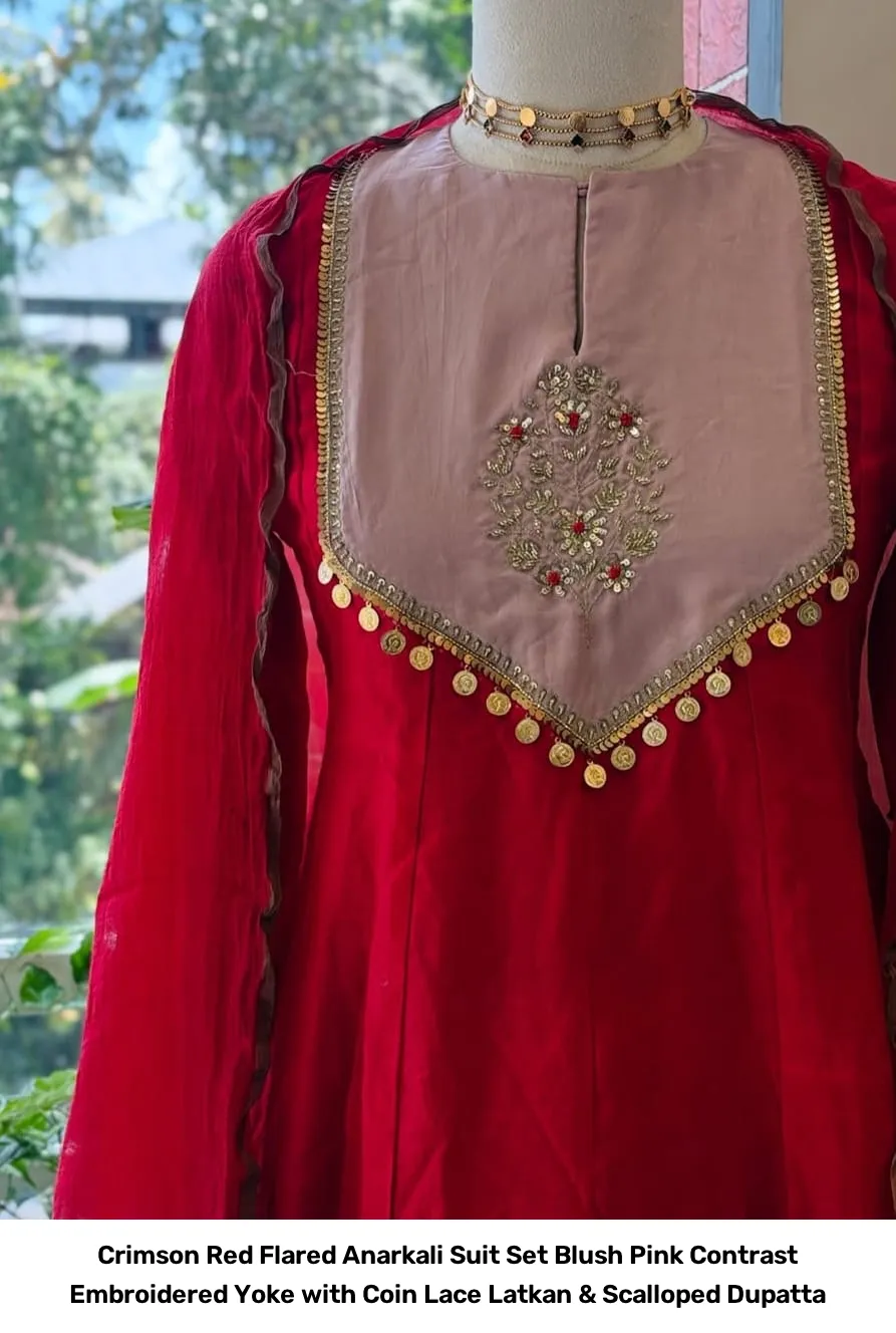 Crimson Red Flared Anarkali Suit Set – Blush Pink Contrast Embroidered Yoke with Coin Lace Latkan & Scalloped Dupatta 3